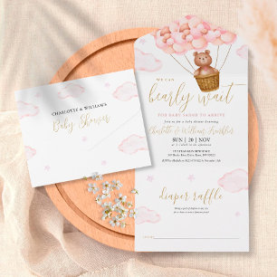 Invitation Tout En Un On Peut Attendre Teddy Bear Baby shower rose