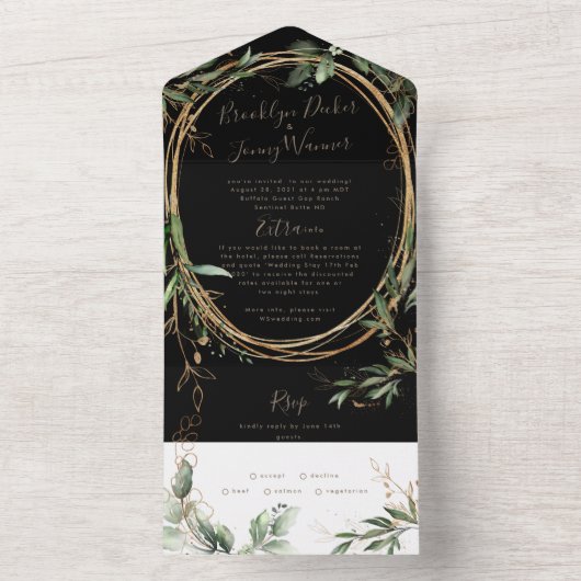 Invitation Tout En Un Onyx noir Premium | Boho Green | Eucalyptus | (À l'intérieur)