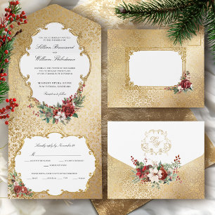 Invitation Tout En Un Opulence dorée Noël Mariage floral