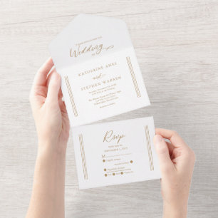 Invitation Tout En Un Or antique moderne   Mariage minimaliste blanc