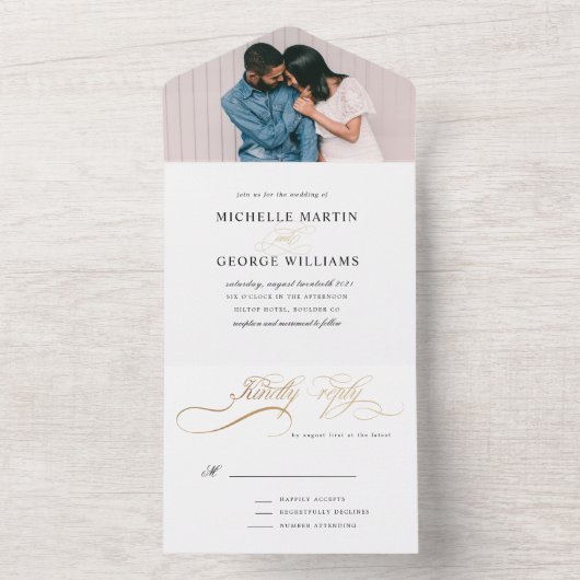 Invitation Tout En Un or calligraphie élégant (pas de VV nécessaire) (À l'intérieur)