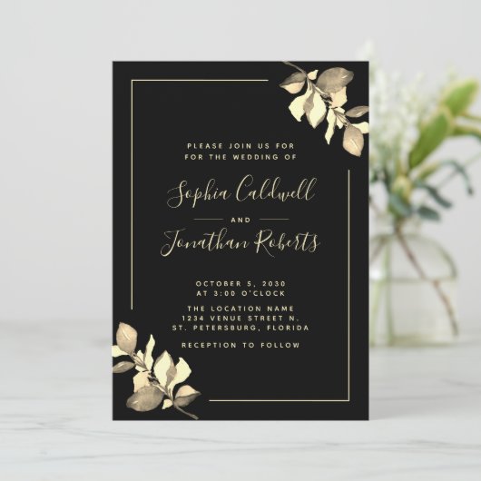 Invitation Tout en un or Eucalyptus Élégant Mariage noir (Debout devant)