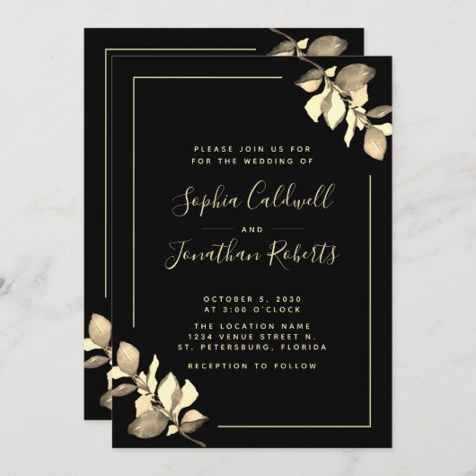 Invitation Tout en un or Eucalyptus Élégant Mariage noir (Devant / Derrière)