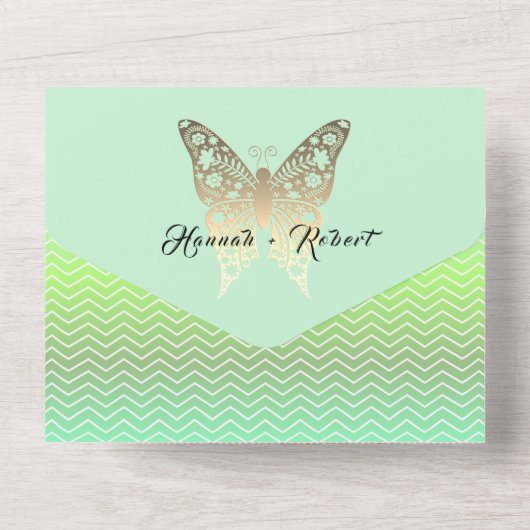 Invitation Tout En Un Or moderne et Mariage vert (Verso)