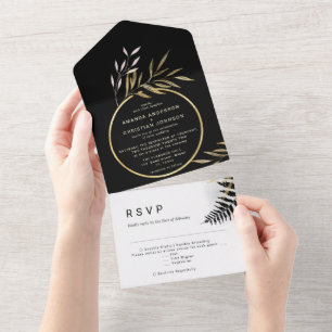 Invitation Tout En Un Or noir moderne   Botanique Monstera Palm Mariage