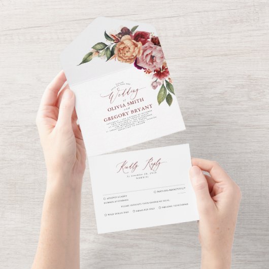 Invitation Tout En Un Orange Bourgogne et rose Floral ChFall (Déchirure)