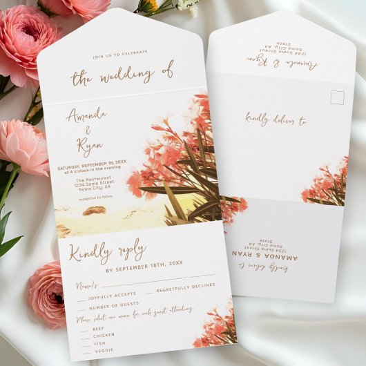 Invitation Tout En Un Orange Oleander Fleurs Tropical Beach Wedding