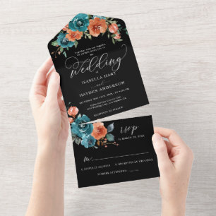 Invitation Tout En Un Orange Turquoise Floral Noir Élégant Mariage