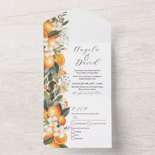 Invitation Tout En Un Oranges Florales Mariage Fruit Inviter & RSVP (À l'intérieur)