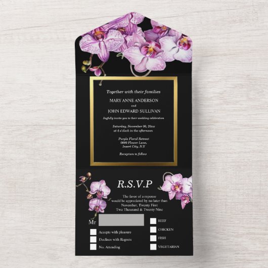 Invitation Tout En Un Orchidée violette noire mariage luxueux (À l'intérieur)