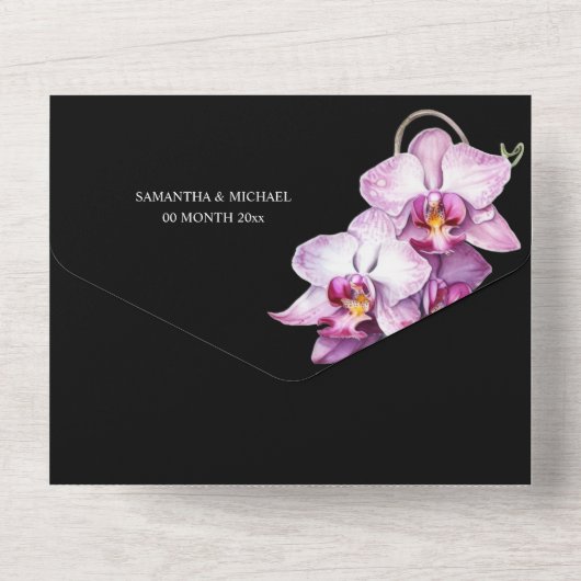 Invitation Tout En Un Orchidée violette noire mariage luxueux (Verso)