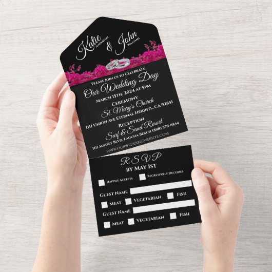 Invitation Tout En Un Orchidées Fuchsia sur Mariage noir (Déchirure)