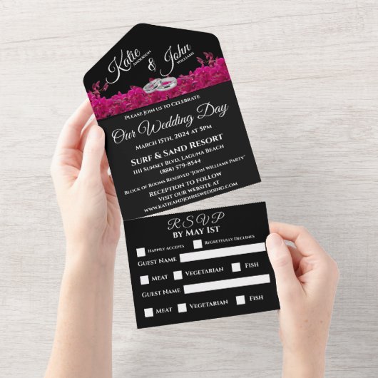 Invitation Tout En Un Orchidées Fuchsia sur Mariage noir - All In One In (Déchirure)