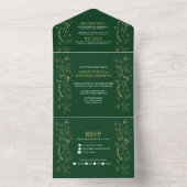 Invitation Tout En Un Ornat Gold Floral Frotles sur Mariage vert foncé | (À l'intérieur)