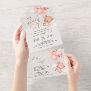 Invitation Tout En Un Ours De Bébé, Ours En Teddy, Ballons Roses, Baby s