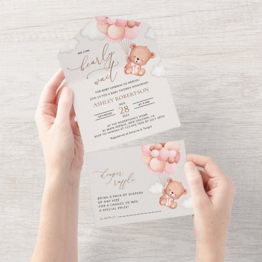 Invitation Tout En Un Ours De Bébé, Ours En Teddy, Ballons Roses, Baby s (Déchirure)