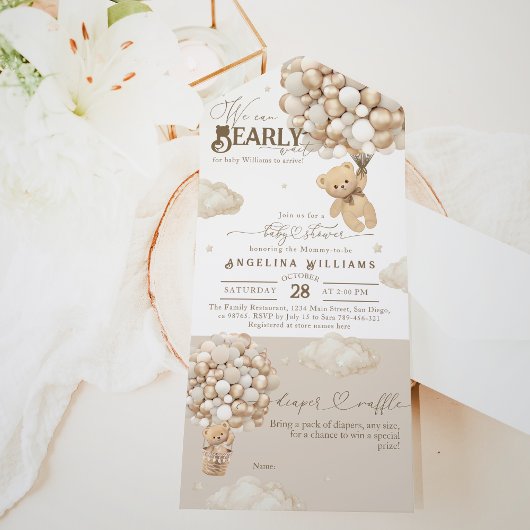 Invitation Tout En Un Ours en peluche avec ballons Baby shower neutre