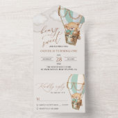 Invitation Tout En Un Ours en peluche, Ballon à air chaud vert, premier (À l'intérieur)