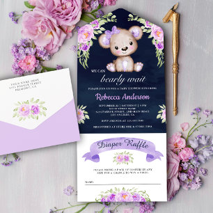Invitation Tout En Un Ours en peluche floral violet Baby Shower Bleu mar