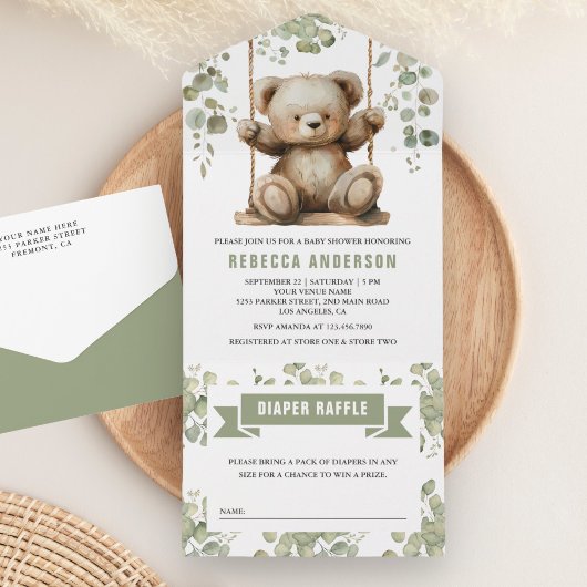 Invitation Tout En Un Ours en peluche mignon sur un Baby shower d'Eucaly
