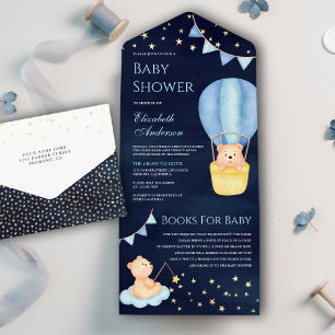 Invitation Tout En Un Ours en peluche montgolfière bleue chaude Fête pré