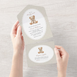 Invitation Tout En Un Ours en peluche, nœud, pois beiges, Baby Shower