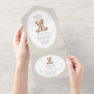 Invitation Tout En Un Ours en peluche, nœud, pois beiges, premier annive