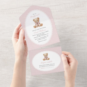 Invitation Tout En Un Ours en peluche, Nœud rose, Points roses, Baby Sho
