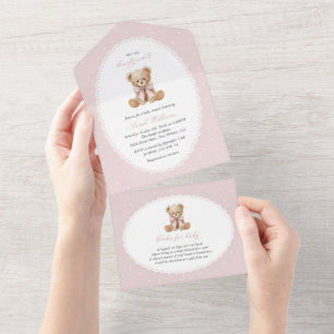 Invitation Tout En Un Ours en peluche, Nœud rose, Points roses, Baby Sho