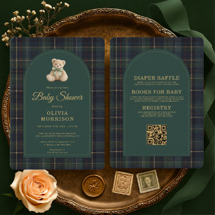 Invitation Tout en Un Ours en Peluche Tartan Vert Baby Shower