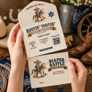 Invitation Tout En Un Ours en peluche Teddy Cow-boy Baby Shower QR Diape