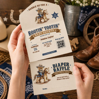 Invitation Tout En Un Ours en peluche Teddy Cow-boy Baby Shower QR Diape