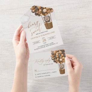 Invitation Tout En Un Ours mignon, Ballons Brown, Premier anniversaire