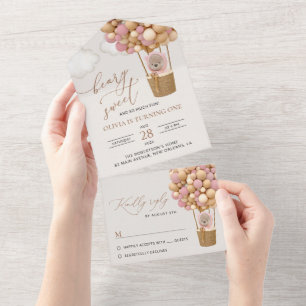 Invitation Tout En Un Ours mignon, Ballons roses, Premier Anniversaire