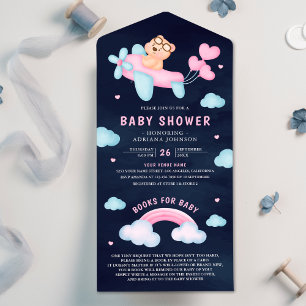 Invitation Tout En Un Ourson Fille Avion Rose Garçon Marin Cérémonie de
