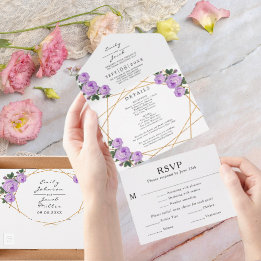 Invitation Tout En Un Paillettes dorées Géométrique Fleurs violettes Mar
