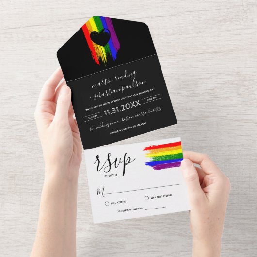 Invitation Tout En Un Paint Strokes Pride Drapeau et Black Heart Mariage (Déchirure)