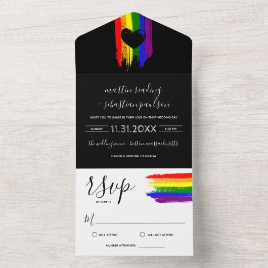 Invitation Tout En Un Paint Strokes Pride Drapeau et Black Heart Mariage (À l'intérieur)