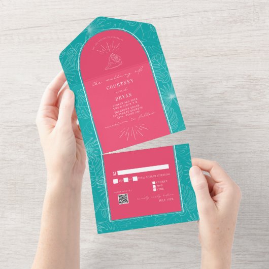 Invitation Tout En Un Palm Tree Beach Bleu rose Mariage QR Code (Déchirure)