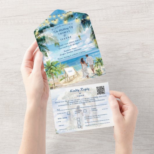 Invitation Tout En Un Palm Tree Beach Tropical QR Code Ocean Location (Déchirure)