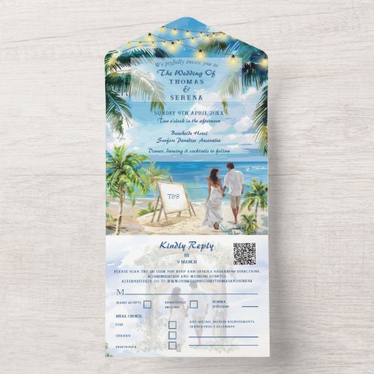 Invitation Tout En Un Palm Tree Beach Tropical QR Code Ocean Location (À l'intérieur)