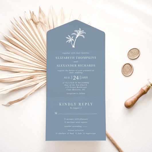 Invitation Tout En Un Palm Tree Dusty Blue Tropical Beach Wedding