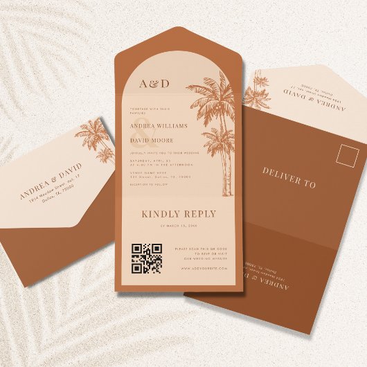 Invitation Tout En Un Palm Tree Terracotta QR Code Tout en un Mariage