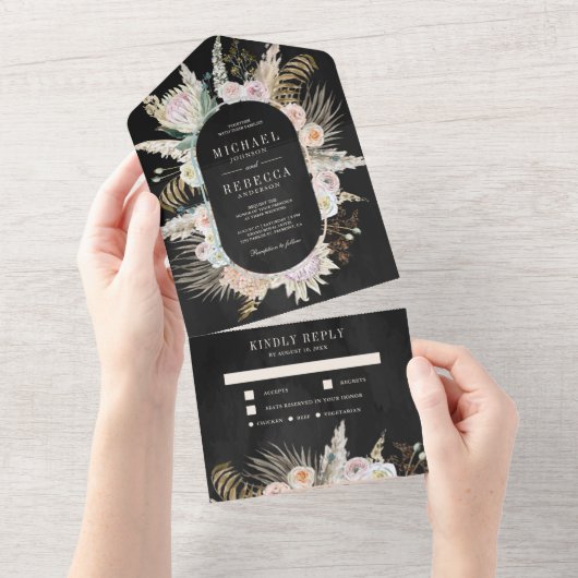Invitation Tout En Un Palm Tropical Pampas Grass Floral Mariage noir (Déchirure)
