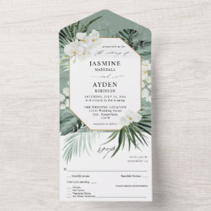 Invitation Tout En Un Palme tropicale & Mariage floral blanc - Vert ment