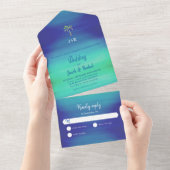 Invitation Tout En Un Palme tropicale Muté Bleu Vert Plage Mariage Océan (Déchirure)