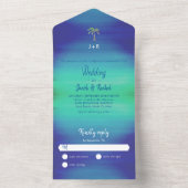 Invitation Tout En Un Palme tropicale Muté Bleu Vert Plage Mariage Océan (À l'intérieur)