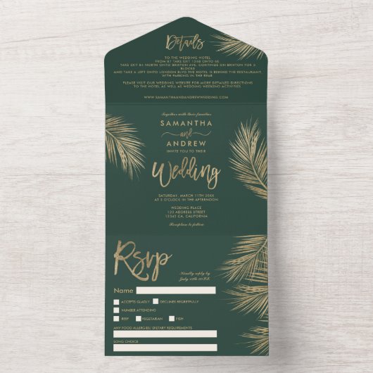 Invitation Tout En Un Palmier d'or moderne mariage vert tropical (À l'intérieur)