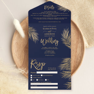 Invitation Tout En Un Palmier d'or moderne tropicale marine bleu mariage