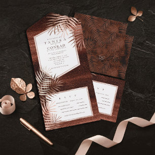 Invitation Tout En Un Palmiers de coucher de soleil en cuivre Mariage ID